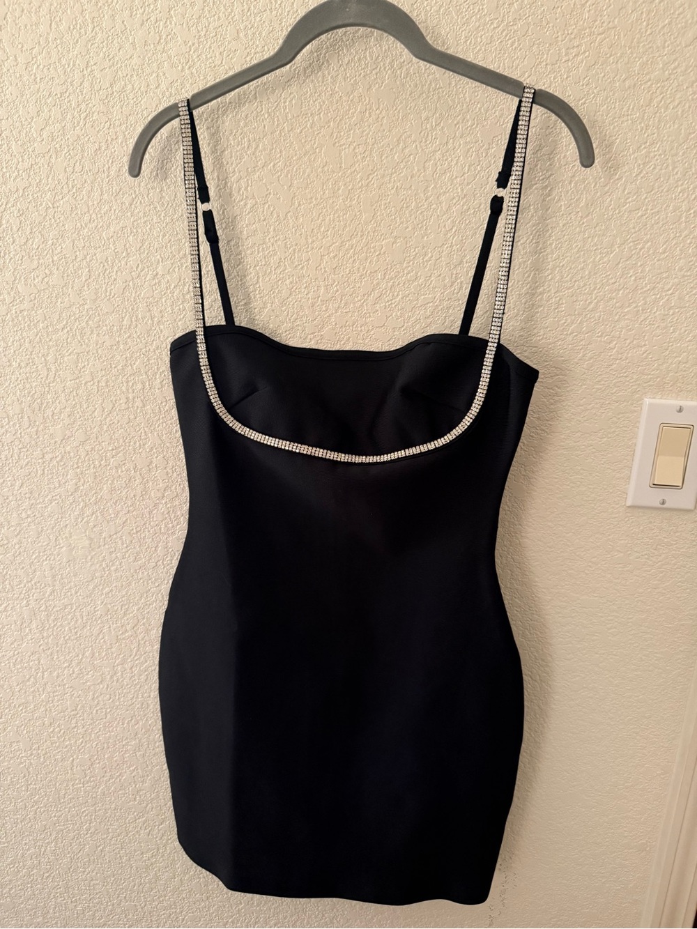 superdown Black Mini Dress with Rhinestone Straps